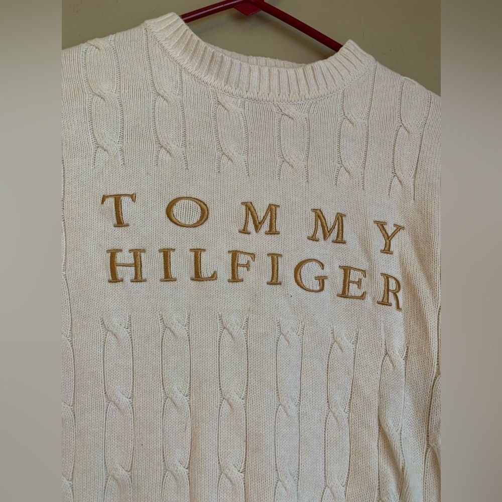 Tommy Hilfiger cable knit sweater shirt classic cream Tommy logo embroidered y2k - Picture 2 of 8